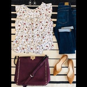 Loft Cap Sleeve Ruffle Print Top